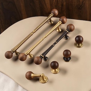 Poignée de meuble français café, bronze et noyer, élégante poignée de tiroir moderne milieu de siècle, matériel en laiton massif haut de gamme pour garde-robes et cuisines