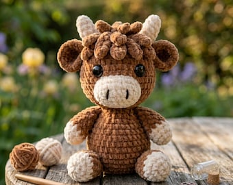 Highland Cow Crochet Pattern PDF Amigurumi Cow Plush Tutorial No Sew Easy Farm Animal Calf Kawaii Cute DIY Toy Pattern