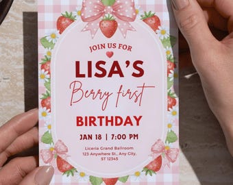Berry First Birthday Invitation | Strawberry 1st Birthday Party Invite | Editable Canva Template | Digital Download