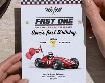 Fast One Birthday Invitation | Car Racer Theme, Editable Canva Template