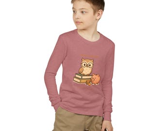 Money Smart Kid owl and piggy bank Youth Long Sleeve Tee | kids finance shirt