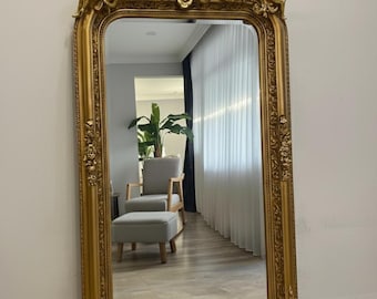 ロングクラシックバロックウォールミラーアンティークシルバーゴールド