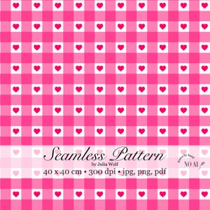 Karo Seamless Pattern mit pinken Herzen – hand drawn – PNG JPG  PDF transparentes Linienraster, romantisches Design – Nahtloses Karomuster