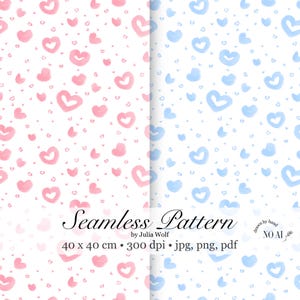 Hearts toile Seamless Pattern pink and blue – hand drawn, PNG, JPG, PDF  floral design 2 in 1, for fabric & sublimation. Digital download