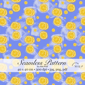Lemon Zitronen Seamless Pattern – hand drawn – PNG, JPG und PDF Nahtloses Fruchtmuster für Stoff & Sublimation. Digitaler Download