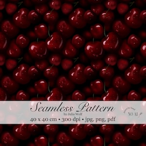 Könnte beinhalten: Nahtloses Muster mit glänzenden, roten Kirschen und grünen Stielen auf dunklem Hintergrund. Der Text "Seamless Pattern" ist zu sehen, zusammen mit dem Namen des Künstlers und den Maßen von 40 x 40 cm.