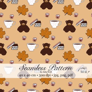 Seamless Cozy Herbst Pattern - hand drawn- PDF jPG PNG - Teddy, Kaffee & Bücher auf Beige