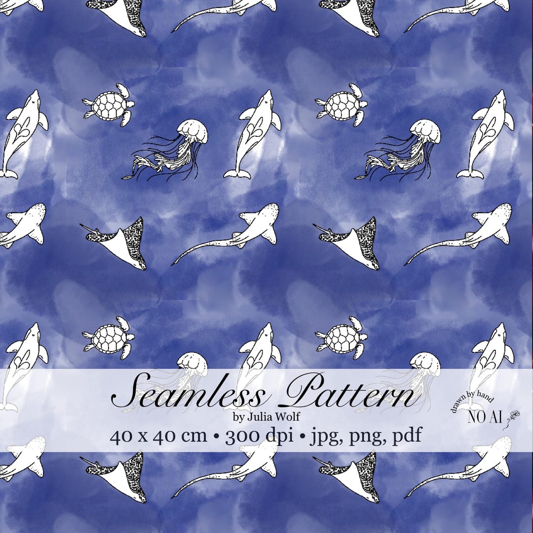 Seamless Sea Pattern – Hand Drawn – JPG PDF PNG White Sea Creatures on ...