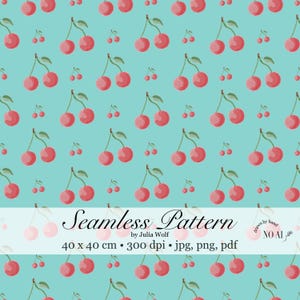 Könnte beinhalten: Nahtloses Muster mit roten Kirschen mit grünen Stielen und Blättern auf hellblauem Hintergrund. Das Design umfasst sowohl Kirschenpaare als auch einzelne Kirschen. Der Text "Seamless Pattern" ist zu sehen. Das Muster ist 40 x 40 cm groß.