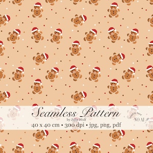 Patrón de pan de jengibre sin costuras, dibujado a mano, PNG, JPG, PDF. Pan de jengibre con gorros de Papá Noel sobre fondo marrón claro. Patrón digital.