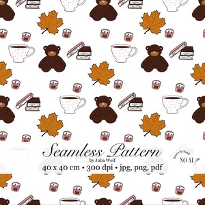 Seamless Cozy Herbst Pattern – hand drawn – PDF jPG PNG - Teddy, Kaffee & Bücher auf weiß
