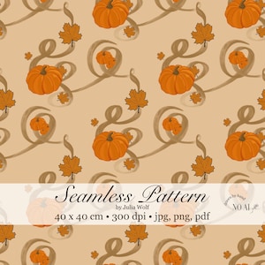 Patrón otoñal sin costuras, dibujado a mano, PNG, JPG, PDF: calabazas y hojas sobre un cálido beige. Descarga digital.