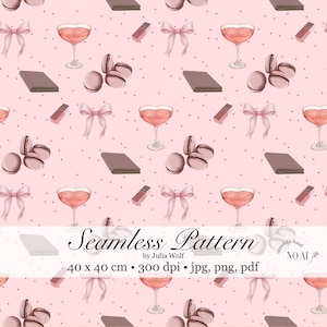 Girly Seamless Pink Pattern • PNG PDF JPG • hand drawn • Schleifen, Macarons & Cocktail Gläser. Digital Download