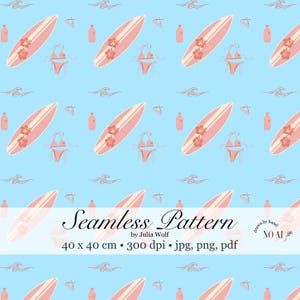 Seamless Sommer Muster – hand drawn – JPG PNG PDF Bikini, Sufbrett und weitere pinke Beach Icons auf hellblauem Hintergrund