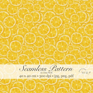Könnte beinhalten: Nahtloses Muster mit sich überlappenden Zitronenscheiben in Gelb und Weiß. Das Design enthält den Text "Seamless Pattern" und die Abmessungen 40 x 40 cm. Geeignet für Textilien.
