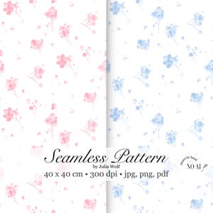 Floral toile Seamless Pattern pink and blue – PNG, JPG und PDF Nahtloses Blumenmuster 2 in 1, für Stoff & Sublimation. Digitaler Download
