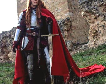Handcrafted Valkyrie Knight Armor: 18-Gauge Steel, Red Cloak, Women's Fit