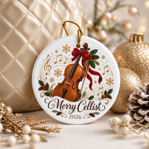Könnte beinhalten: Ein rundes, weißes Keramikornament mit einem braunen Cello, einer roten Schleife, grünen Stechpalmenblättern, roten Beeren, goldenen Noten und Schneeflocken. Der Text Merry Cellist und das Jahr 2026 stehen in dunkelbrauner Schrift.