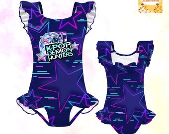 Kpop Demon Hunters Kids Swimsuit, Neon Star One Piece Swimwear, Cute Ruffle Sleeve Girls Bathing Suit, Trendy Summer Beach Outfit