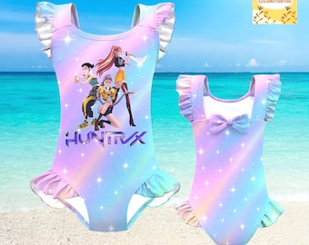 Girls Rainbow Galaxy Swimsuit, Huntrix Cartoon Kids One Piece, Toddler Ruffle Bathing Suit, Cute Star Swimwear, Summer Beach Outfit Gift