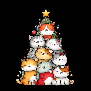 May include: A charming illustration depicts a Christmas tree formed from cartoon cats. The cats are in shades of orange, grey, and white, adorned with festive decorations. A golden star sits atop the tree, all against a black backdrop.
