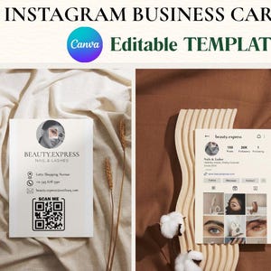 May include: An Instagram business card template with the text "INSTAGRAM BUSINESS CARD" and "Editable TEMPLATE". The card features a beauty business card with the text "BEAUTY.EXPRESS NAIL & LASHES" and a QR code. A second card shows an Instagram profile.