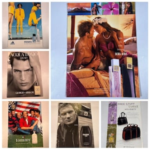May include: A collage of perfume advertisements. One features a couple with the text "Bora Bora". Another shows a man with the text "Acqua Di Gio". Other ads include "Tommy", "Drakkar Noir", and "moves" with the Adidas logo.