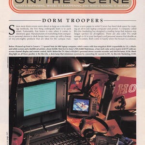 May include: A vintage magazine page titled PLAYBOY ON THE SCENE featuring a Canon Note Jet 486 laptop with a built-in printer, a Sony FDL-K400 color LCD TV, an Aiwa HS-JS415 stereo cassette recorder with headphones, and a Bio-Lite desk lamp.