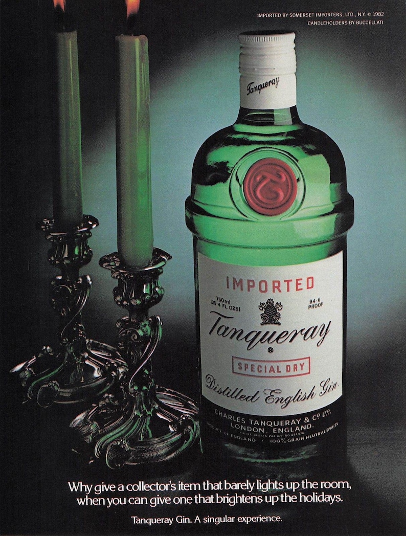 Anuncio vintage de ginebra Tanqueray de 1982, ginebra inglesa destilada, decoración navideña para bar. imagen 1