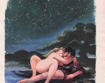 Vintage Dedini Cartoon Art lustiger Humor Playboy Stars Liebespaar Nacht Gemälde