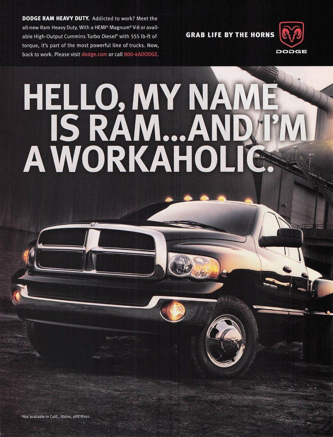 2002 Dodge Ram Workaholic Ad Grab Horns Vintage Magazine Page Cummins ...