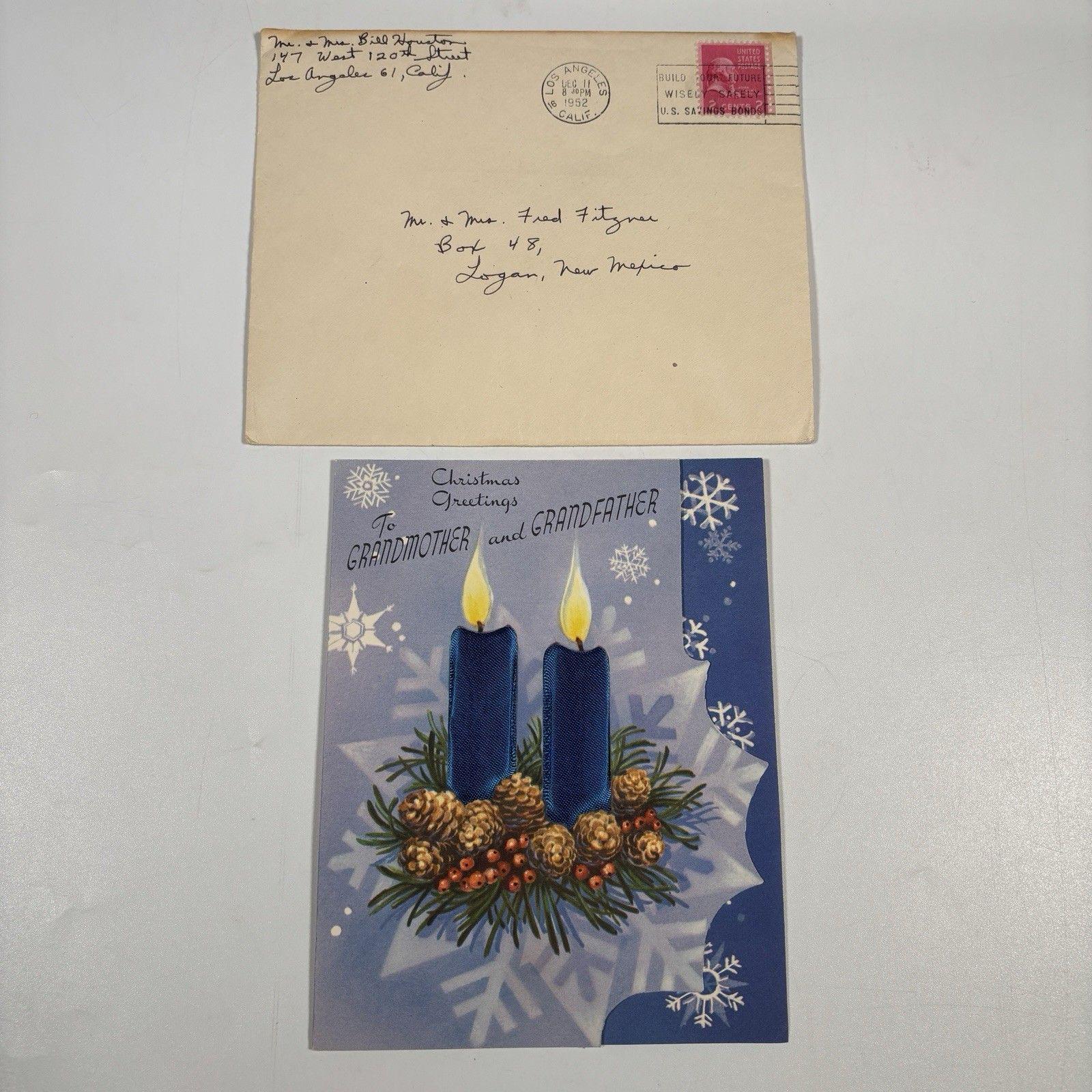 1952 Rust Craft Christmas Card Grandparents Blue Ribbon Candles W