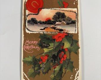 Antique Christmas Postcard Horseshoe Holly Glitter Sunset Scene Undivided Back