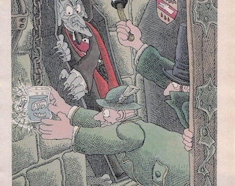 Dibujos animados vintage de Gahan Wilson, humor divertido, dentadura postiza de Drácula, vampiro, Halloween