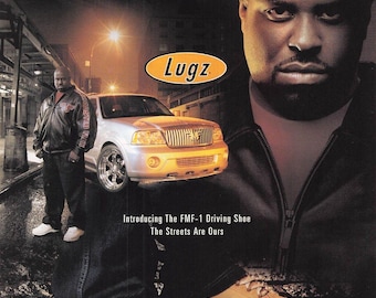Anuncio de zapatillas de conducir vintage Lugz FMF-1 Funkmaster Flex Hip Hop 2003 decoración de pared y2k