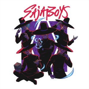 May include: An illustration featuring six figures in black attire and wide-brimmed hats, with the text "SAJA BOYS" in red. The characters have varied hair colours and expressions, some with glowing effects or holding objects.