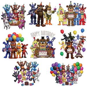 Puede incluir: Una colección de coloridos personajes de dibujos animados, incluyendo osos y conejos, se presentan en varias poses. Algunos personajes sostienen pasteles de cumpleaños y globos, con las palabras "Happy Birthday" mostradas encima de una imagen central.
