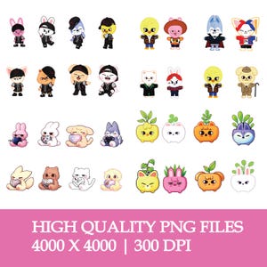 Puede incluir: Una colección de archivos PNG de personajes de dibujos animados. La imagen presenta varios personajes con forma de animal en diferentes atuendos y poses, junto con personajes con temas de plantas. La parte inferior de la imagen tiene el texto "HIGH QUALITY PNG FILES 4000 X 4000 | 300 DPI".