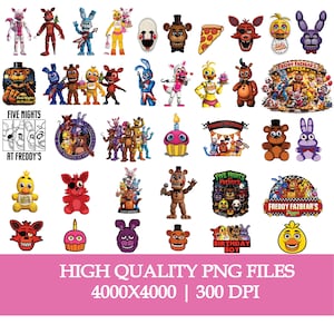 Puede incluir: Una colección de archivos PNG coloridos con personajes y logotipos de la franquicia de videojuegos, Five Nights at Freddy's. Las imágenes incluyen varias figuras animatrónicas, porciones de pizza y gráficos temáticos de cumpleaños. El texto en la parte inferior dice "HIGH QUALITY PNG FILES 4000X4000 | 300 DPI."
