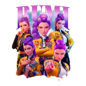 May include: An illustration featuring five stylized figures with purple hair and yellow jackets. The word "RUMI" is displayed in large, purple, stylized letters above the figures. The figures are in various poses, with some pointing or making hand gestures.