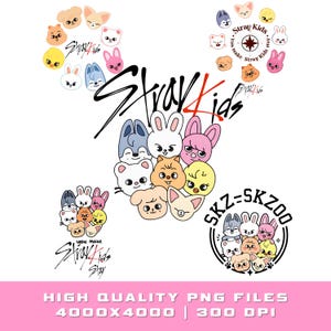 May include: A design featuring cartoon animal faces in various colours, such as bunnies, dogs, and cats, surrounding the text "Stray Kids". Additional text includes "SKZ-SKZOO" and "you make Stray Kids stay". The image is on a white background.