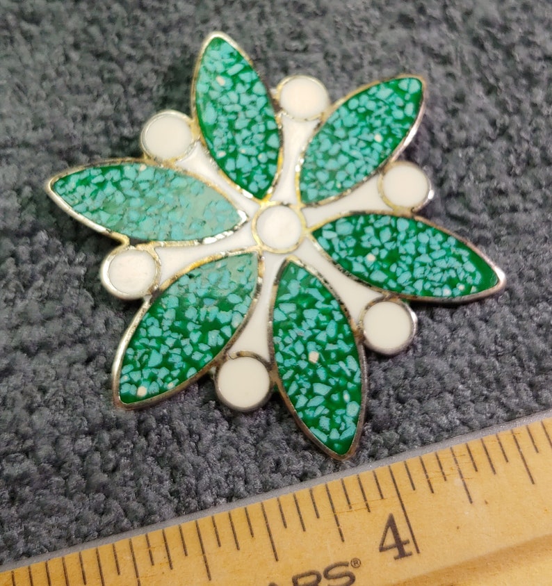 Crushed Turquoise 2 Diameter Enamel Snowflake PinPendant Very Good Condition! Mexico Souvenir Ca 1970s Alpaca Silver