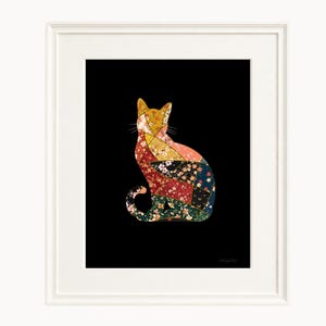 Printable Wall Art – Patchwork Cat Illustration (Sitting Pose),Japanese Pattern Collage Art, Modern Home Decor