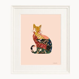 Printable Wall Art – Patchwork Cat Illustration (Sitting Pose),Japanese Pattern Collage Art, Modern Home Decor