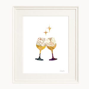 Printable Wall Art – Cheers Glasses Illustration,Japanese Pattern Collage Art, Modern Home Decor