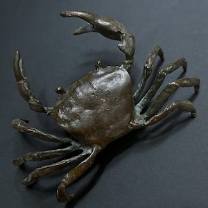 Könnte beinhalten: Eine Bronzekrabben-Skulptur mit detaillierten Scheren und Beinen. Die Krabbe ist mit einer erhobenen Schere posiert, die ihr kompliziertes Design und ihre Textur zeigt. Die Skulptur hat ein verwittertes, antikes Aussehen.