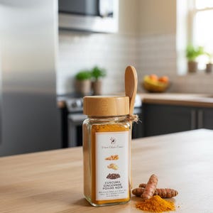 Op de afbeelding: Een glazen pot met kurkumapoeder met een houten deksel en lepel. Het etiket luidt "Curcuma Gingembre Poivre Noir". Verse kurkumawortels en een kleine hoop kurkumapoeder liggen naast de pot.