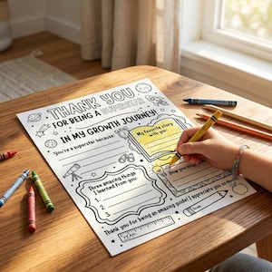Printable space-themed teacher appreciation thank you letter template. Fill-in-the-blank worksheet for students featuring colorful doodles of planets, rockets, and school supplies. Text reads "Thank You For Being A Superstar In My Growth Journey!" Instant download 8.5x11 printabl