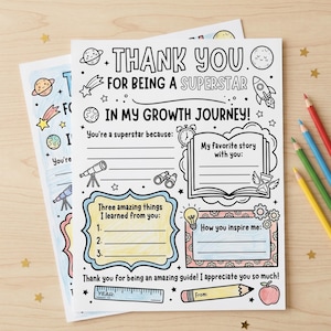 Printable space-themed teacher appreciation thank you letter template. Fill-in-the-blank worksheet for students featuring colorful doodles of planets, rockets, and school supplies. Text reads "Thank You For Being A Superstar In My Growth Journey!" Instant download 8.5x11 printabl