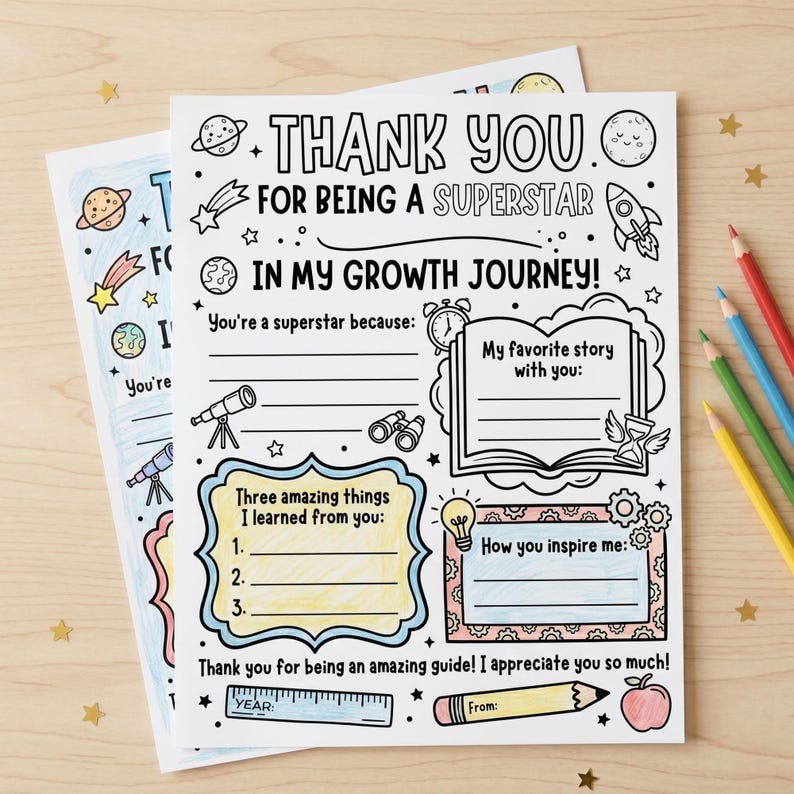Printable space-themed teacher appreciation thank you letter template. Fill-in-the-blank worksheet for students featuring colorful doodles of planets, rockets, and school supplies. Text reads "Thank You For Being A Superstar In My Growth Journey!" Instant download 8.5x11 printabl